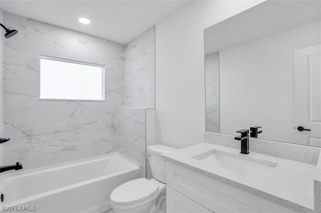 full bath with tub / shower combination, toilet, recessed lighting, and vanity