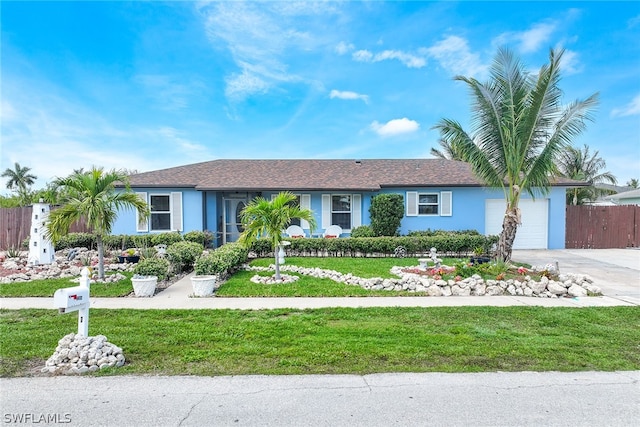 ranch-style house with a garage and a front lawn