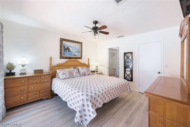 bedroom with ceiling fan and light wood-type flooring