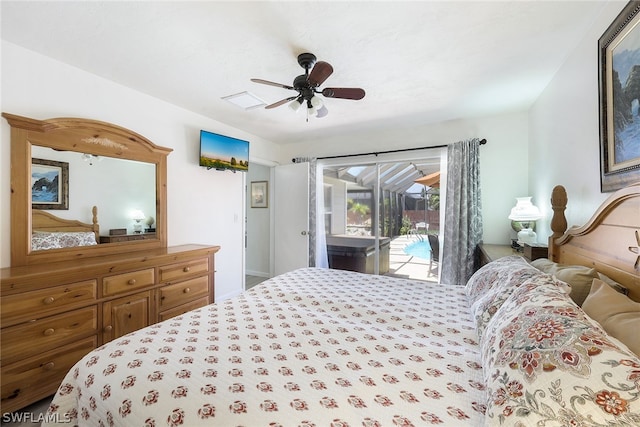 bedroom with ceiling fan and access to exterior