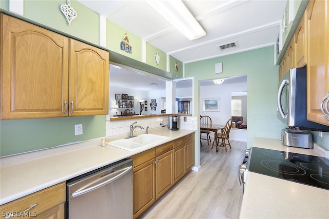 kitchen with backsplash, appliances with stainless steel finishes, light hardwood / wood-style flooring, and sink