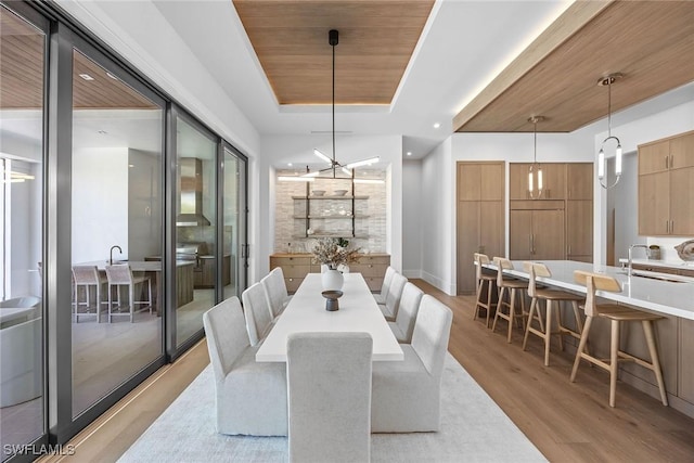 dining area featuring light wood finished floors, wood ceiling, a tray ceiling, and recessed lighting