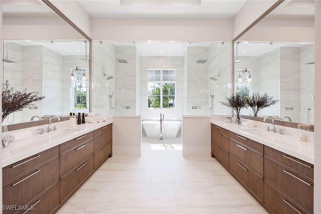 bathroom with a soaking tub, a sink, and a shower stall