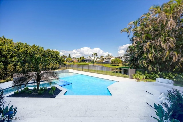 view of swimming pool with a fenced in pool, a patio area, a water view, and fence