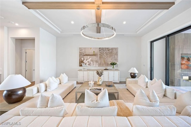 living area with recessed lighting, beam ceiling, coffered ceiling, and baseboards