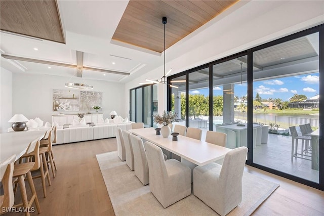 dining area with light wood-style flooring, recessed lighting, a water view, coffered ceiling, and beamed ceiling