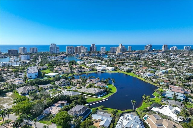 bird's eye view with a water view and a view of city