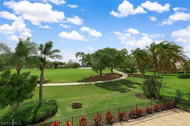 view of community featuring fence and a lawn