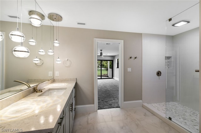 full bath with marble finish floor, visible vents, and walk in shower