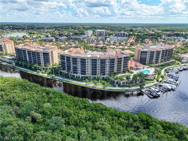 aerial view featuring a water view