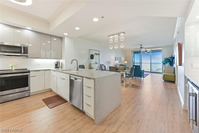 kitchen featuring appliances with stainless steel finishes, light hardwood / wood-style floors, ceiling fan, and sink