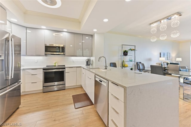 kitchen with sink, appliances with stainless steel finishes, light hardwood / wood-style floors, a tray ceiling, and tasteful backsplash