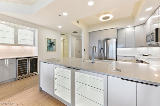 kitchen with backsplash, a raised ceiling, light hardwood / wood-style flooring, and appliances with stainless steel finishes