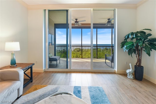 entryway featuring light wood-type flooring, ornamental molding, ceiling fan, and a water view