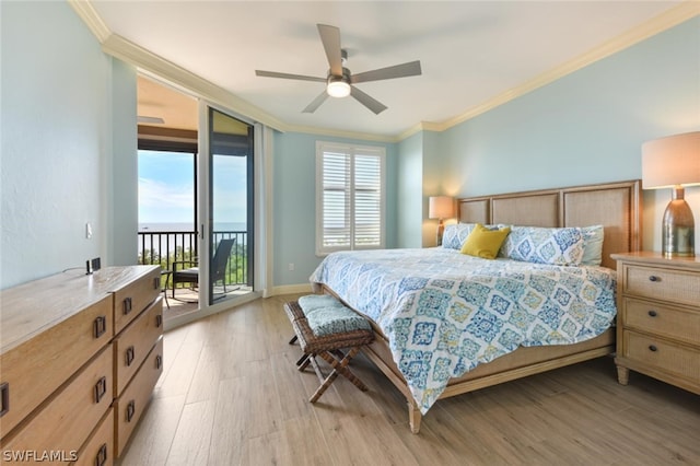 bedroom with crown molding, ceiling fan, access to outside, and light wood-type flooring