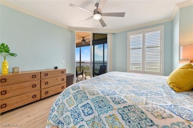 bedroom featuring crown molding, ceiling fan, access to outside, and multiple windows