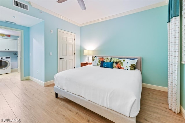 bedroom with light hardwood / wood-style floors, crown molding, washer / dryer, and ceiling fan