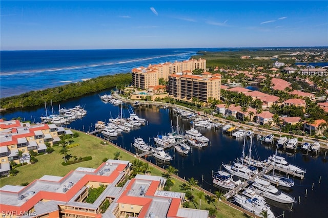 aerial view featuring a water view