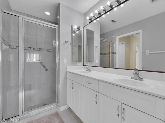 bathroom with an enclosed shower, tile flooring, and double sink vanity