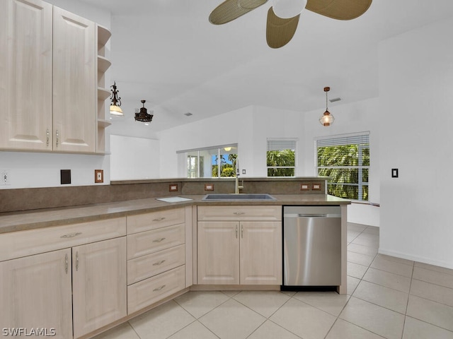 kitchen with ceiling fan, light tile flooring, light brown cabinetry, sink, and stainless steel dishwasher