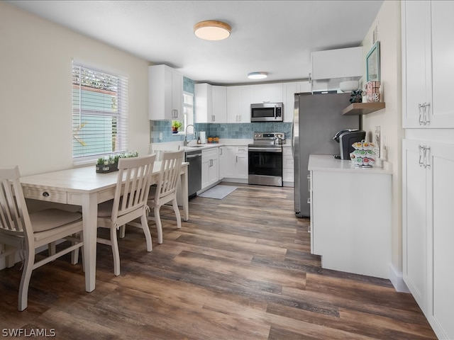 kitchen with white cabinets, appliances with stainless steel finishes, backsplash, and dark hardwood / wood-style floors