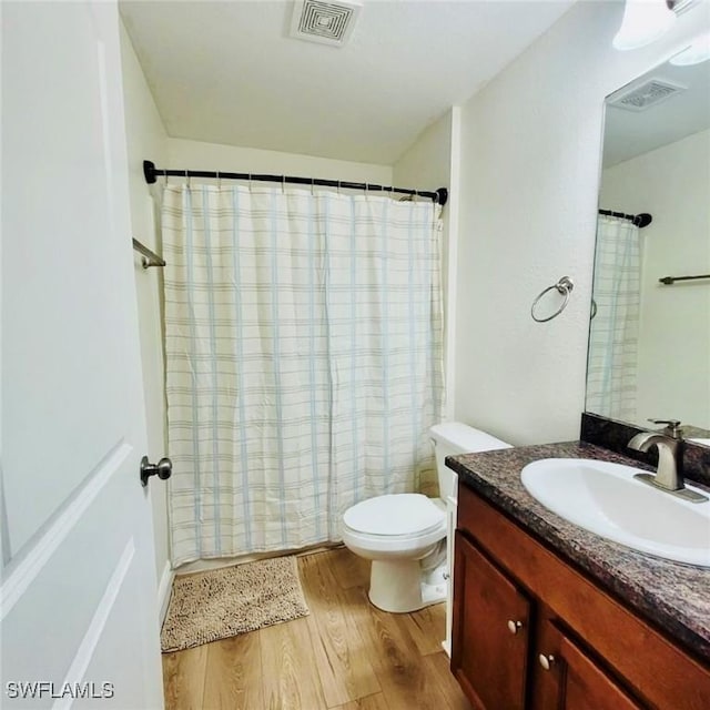 bathroom with toilet, wood-type flooring, and vanity