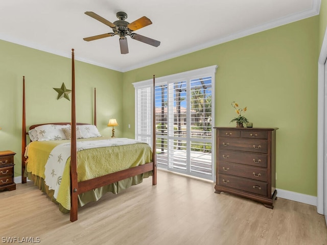 bedroom featuring access to outside, ceiling fan, light hardwood / wood-style floors, and ornamental molding