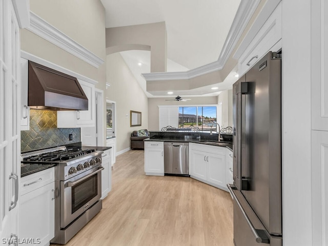 kitchen featuring custom exhaust hood, premium appliances, ceiling fan, sink, and white cabinets