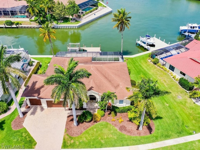 bird's eye view with a water view