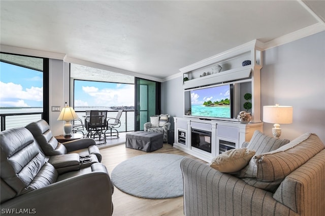 living room featuring a water view, ornamental molding, and light hardwood / wood-style flooring