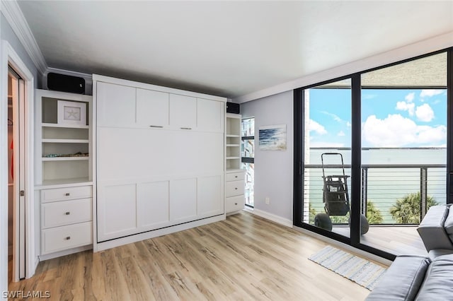 unfurnished bedroom featuring light hardwood / wood-style floors and crown molding