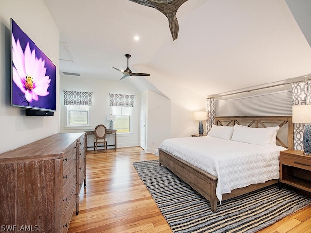 bedroom with ceiling fan and light wood-type flooring