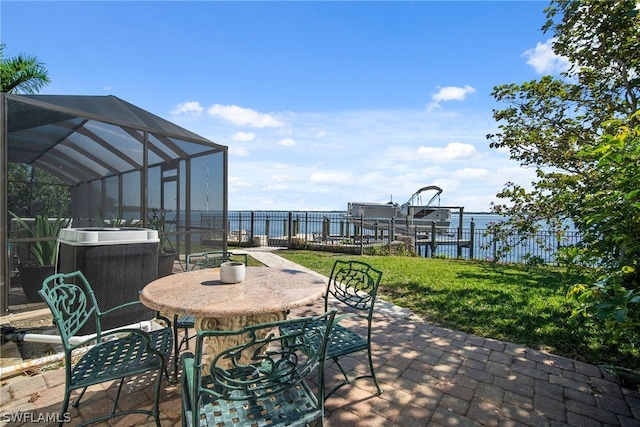 view of patio / terrace featuring glass enclosure and central air condition unit