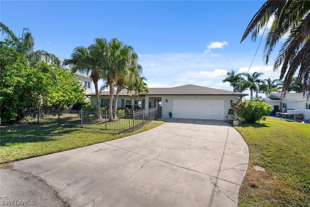 single story home with a front yard and a garage