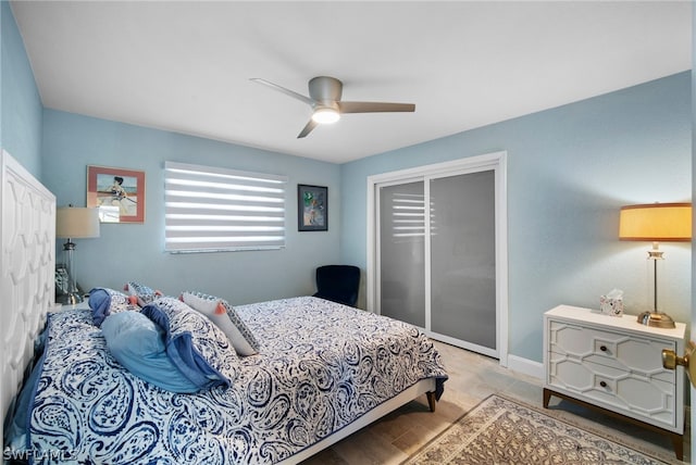 bedroom featuring ceiling fan and a closet