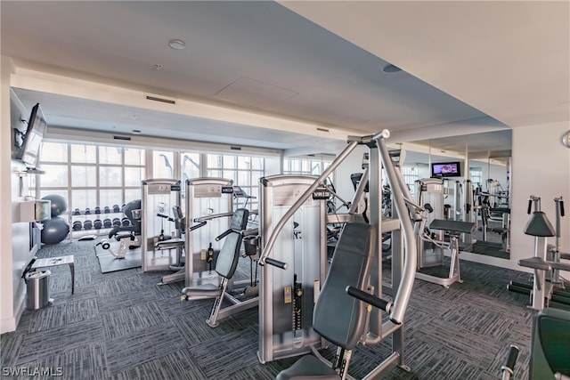 exercise room featuring dark carpet