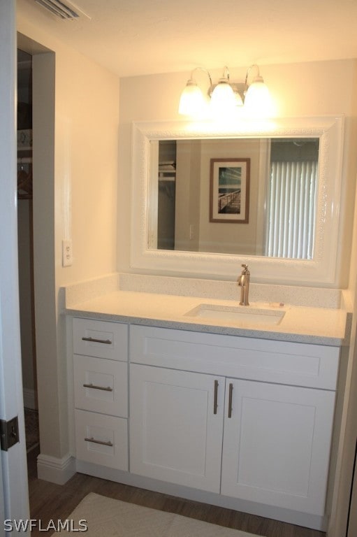 bathroom featuring vanity and hardwood / wood-style floors