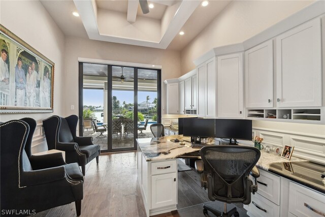 home office featuring a raised ceiling and dark hardwood / wood-style floors