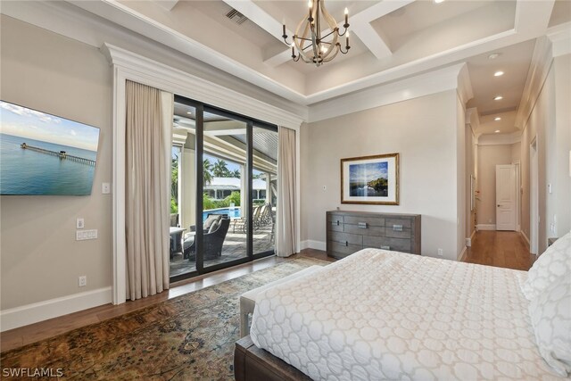 bedroom with coffered ceiling, access to exterior, light hardwood / wood-style flooring, beam ceiling, and a chandelier