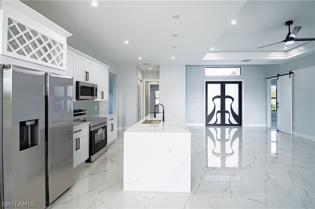 kitchen featuring appliances with stainless steel finishes, ceiling fan, a barn door, sink, and a raised ceiling