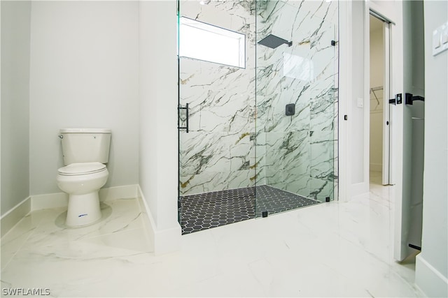 bathroom with a shower with door, toilet, and tile floors