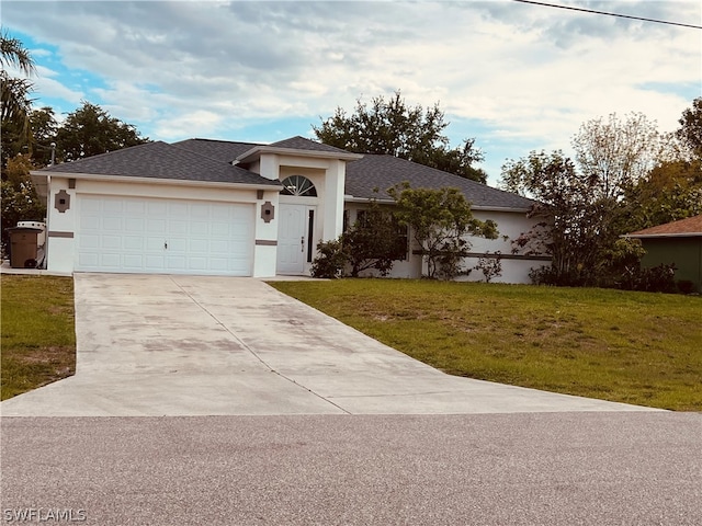 single story home featuring a front yard and a garage