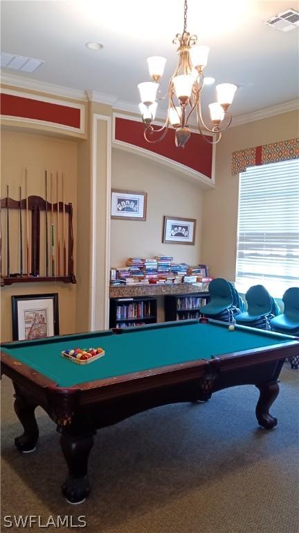 rec room with crown molding, billiards, carpet, and a notable chandelier