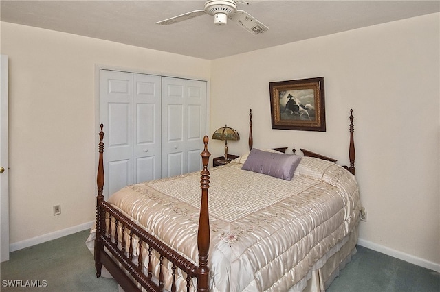 carpeted bedroom featuring ceiling fan and a closet