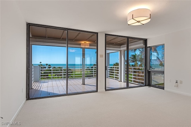 spare room featuring carpet and a water view