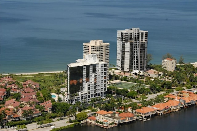 birds eye view of property with a water view