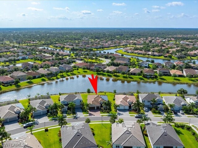 aerial view featuring a water view