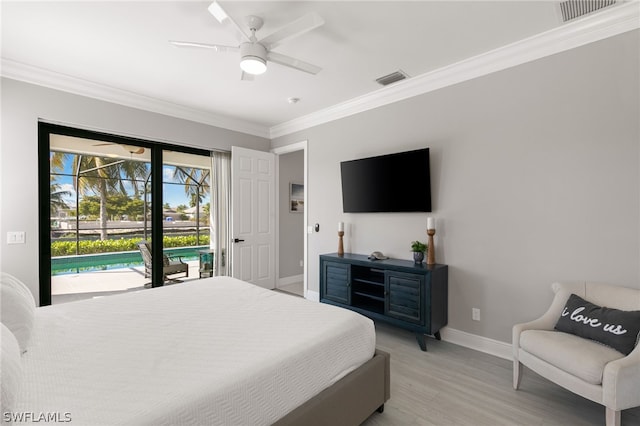 bedroom with ornamental molding, ceiling fan, access to exterior, and light hardwood / wood-style flooring