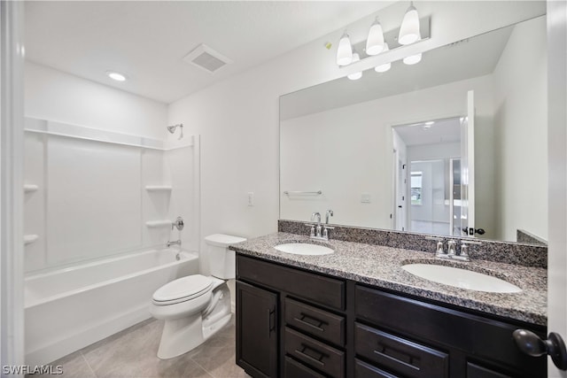 full bathroom featuring toilet, shower / bathtub combination, tile patterned floors, and vanity