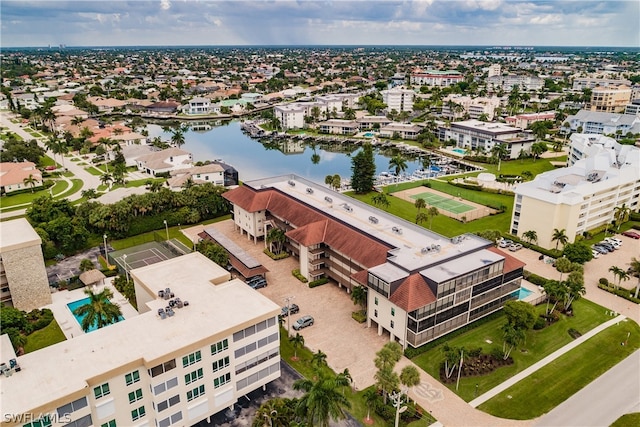 bird's eye view with a water view